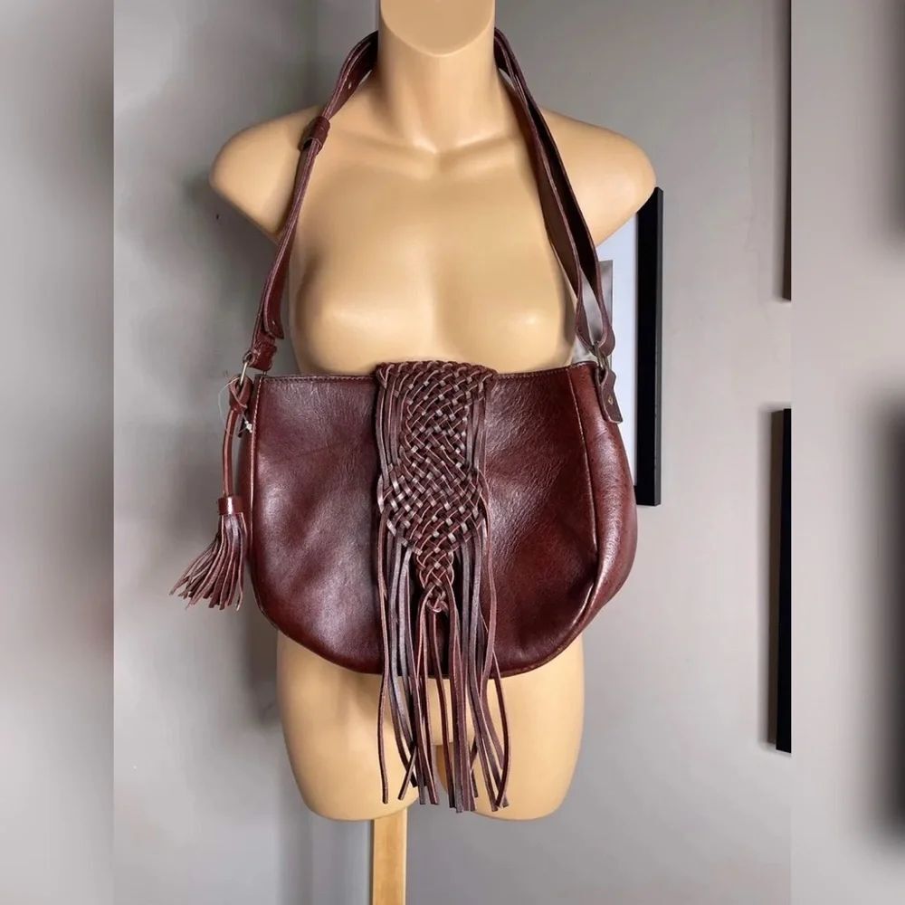 Free People Lucky Brand Genuine Rustic Brown Leather Hobo Tassle Purse Bag